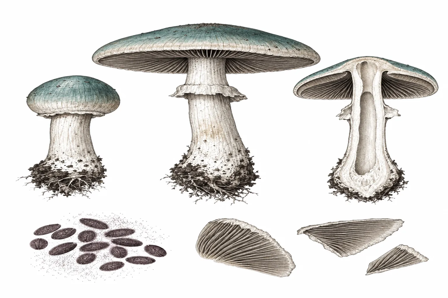 Engraving-style plate of cubensis mushrooms at three growth stages, with a cross-section and spores